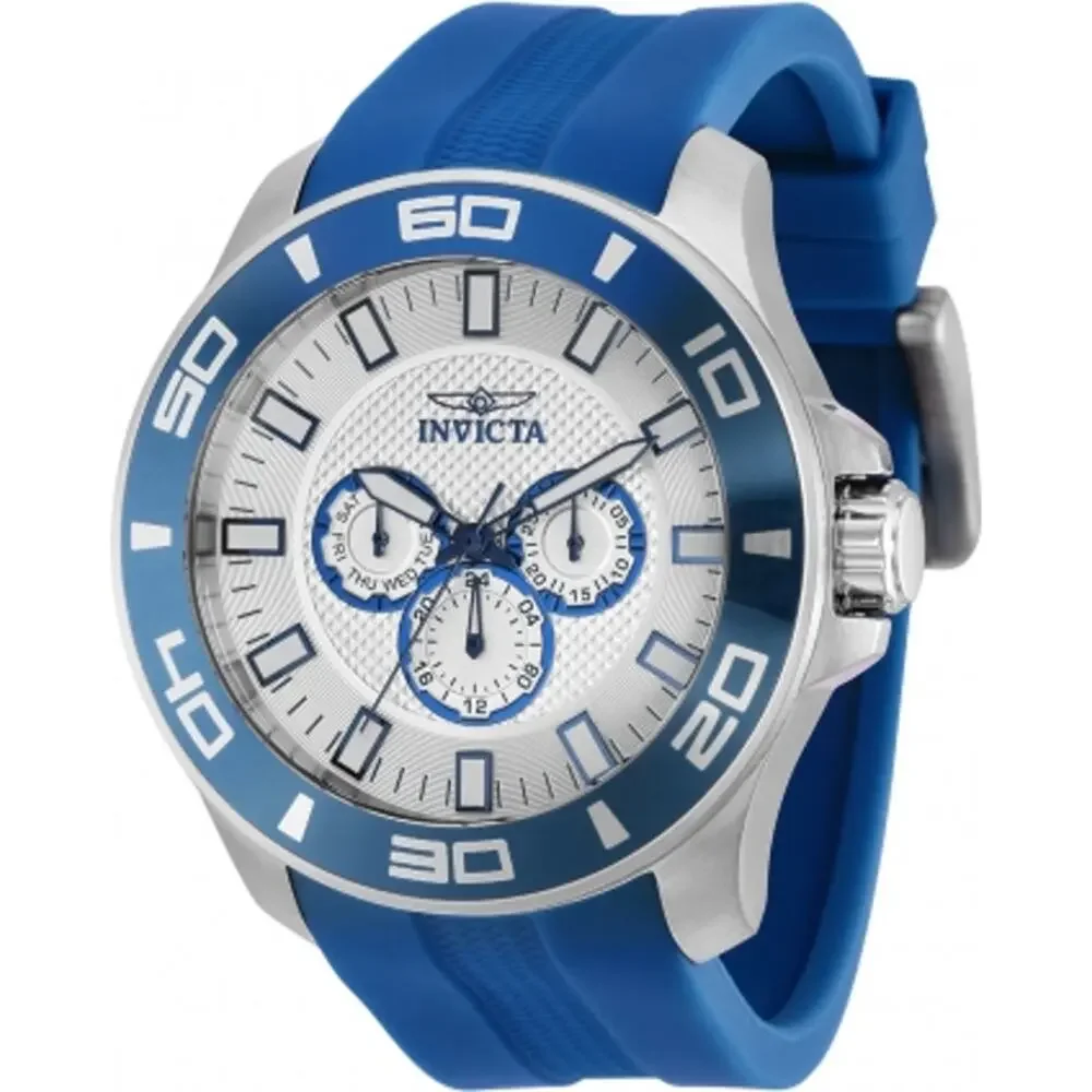 Invicta Pro Diver 36610 Men's 50mm Silver Dial Blue Bezel Silicone Watch NIB Box